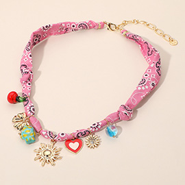 Heart Bow Horseshoe Cowboy Boot Cross Charm Station Braided Fabric Necklace