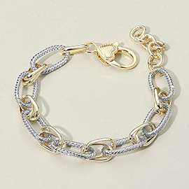14K Gold Plated Two Tone Textured Metal Chain Link Bracelet