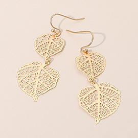 Metal Filigree Double Leaves Drop Dangle Earrings