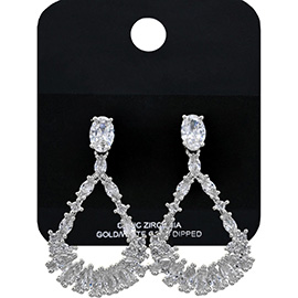 White Gold Dipped Teardrop CZ Stone Cluster Embellished Statement Earrings