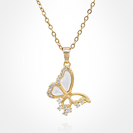 Stainless Steel CZ Stone Accent Mother of Pearl Butterfly Pendant Necklace