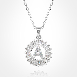 -A- Stainless Steel CZ Stone Embellished Round Initial Monogram Pendant Necklace