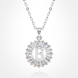 -B- Stainless Steel CZ Stone Embellished Round Initial Monogram Pendant Necklace