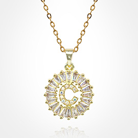 -C- Stainless Steel CZ Stone Embellished Round Initial Monogram Pendant Necklace