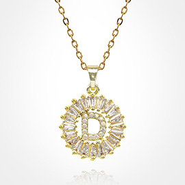 -D- Stainless Steel CZ Stone Embellished Round Initial Monogram Pendant Necklace