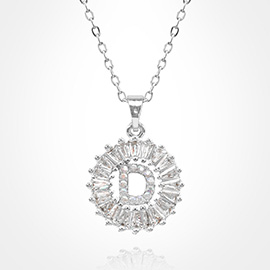 -D- Stainless Steel CZ Stone Embellished Round Initial Monogram Pendant Necklace