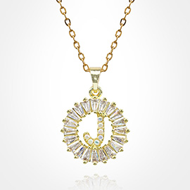 -J- Stainless Steel CZ Stone Embellished Round Initial Monogram Pendant Necklace