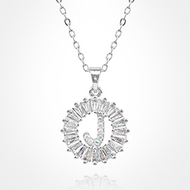 -J- Stainless Steel CZ Stone Embellished Round Initial Monogram Pendant Necklace