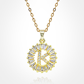 -K- Stainless Steel CZ Stone Embellished Round Initial Monogram Pendant Necklace