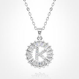 -K- Stainless Steel CZ Stone Embellished Round Initial Monogram Pendant Necklace