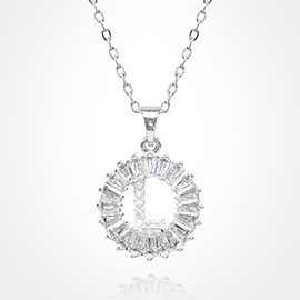 -L- Stainless Steel CZ Stone Embellished Round Initial Monogram Pendant Necklace