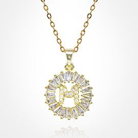 -M- Stainless Steel CZ Stone Embellished Round Initial Monogram Pendant Necklace