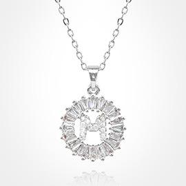 -M- Stainless Steel CZ Stone Embellished Round Initial Monogram Pendant Necklace