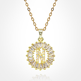 -N- Stainless Steel CZ Stone Embellished Round Initial Monogram Pendant Necklace