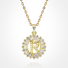 -R- Stainless Steel CZ Stone Embellished Round Initial Monogram Pendant Necklace
