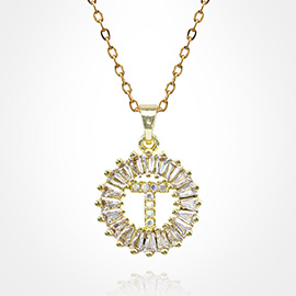 -T- Stainless Steel CZ Stone Embellished Round Initial Monogram Pendant Necklace