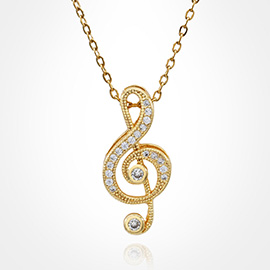 Stainless Steel CZ Stone Paved Treble Clef Pendant Necklace
