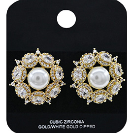 Gold Dipped Pearl Accent CZ Stone Cluster Embellished Stud Earrings