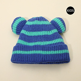 Kids Cute Bear Ear Striped Knit Winter Beanie Hat