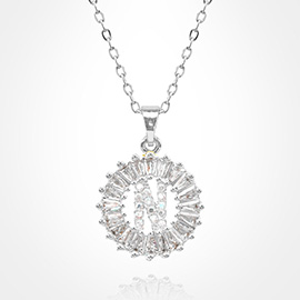 -N- Stainless Steel CZ Stone Embellished Round Initial Monogram Pendant Necklace
