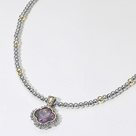 14K Gold Plated CZ Quatrefoil Pendant Accent Two Tone Ball Beaded Necklace