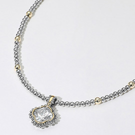 14K Gold Plated CZ Quatrefoil Pendant Accent Two Tone Ball Beaded Necklace