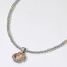 14K Gold Plated CZ Quatrefoil Pendant Accent Two Tone Ball Beaded Necklace