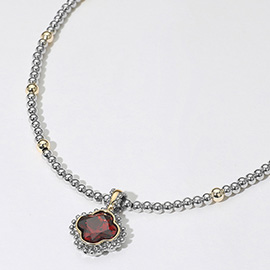 14K Gold Plated CZ Quatrefoil Pendant Accent Two Tone Ball Beaded Necklace