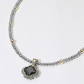14K Gold Plated CZ Quatrefoil Pendant Accent Two Tone Ball Beaded Necklace