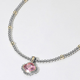 14K Gold Plated CZ Quatrefoil Pendant Accent Two Tone Ball Beaded Necklace