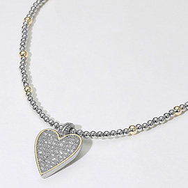 14K Gold Plated Two Tone Ball Beaded CZ Stone Paved Heart Pendant Necklace