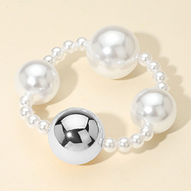 Alternating Metal Pearl Beaded Stretch Statement Bracelet