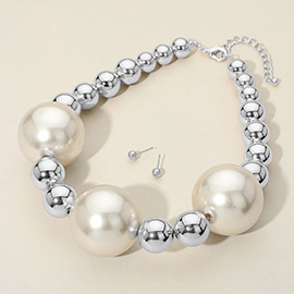 Chunky Pearl Accent Metal Ball Beaded Statement Necklace