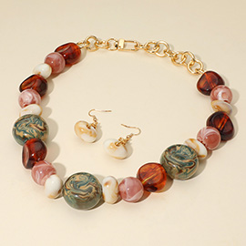 Celluloid Acetate Abstract Printed Chunky Pebble Link Statement Necklace