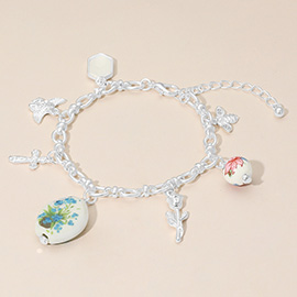 Vintage Floral Ceramic Charm Metal Angel Flower Stem Honey Bee Charm Station Bracelet