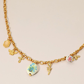 Vintage Floral Ceramic Charm Metal Angel Flower Stem Honey Bee Charm Station Necklace