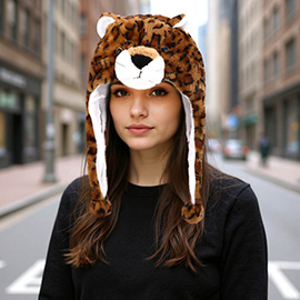 Plush Leopard Ear Flaps Winter Hat