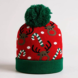 Reindeer Candy Cane Pattern Pom Pom Winter Beanie Hat