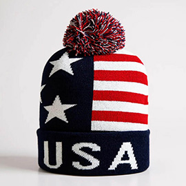 America USA Flag Pom Pom Winter Beanie Hat