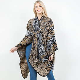 Open Front Animal Print Shawl Wrap Poncho with Loop