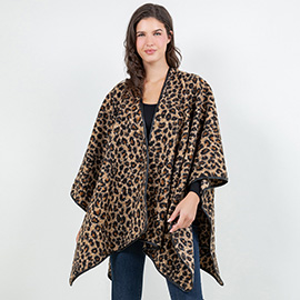 Open Front Leopard Pattern Wrap Poncho with Belt