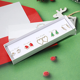 5Pairs - Christmas Tree Hat Hammered Metal Wire Open Heart Reindeer Horn Mini Hoop Earring Set