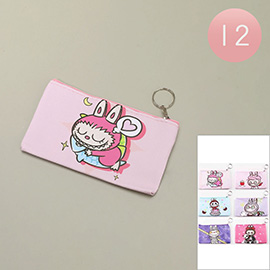 12PCS - Cute Monster Bunny Character Printed Keychain Pencil Cases / Mini Pouch Bags