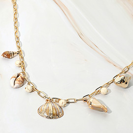 18K Gold Dipped Seashell Charm Station Paperclip Chain Necklace