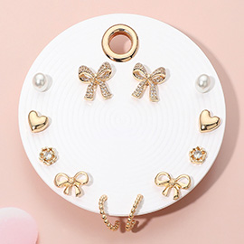 6Pairs - Elegant Bow Pearl Heart Hoop Earring Set