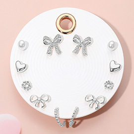 6Pairs - Elegant Bow Pearl Heart Hoop Earring Set