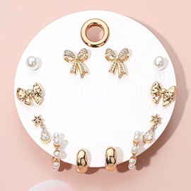 6Pairs - Elegant Bow Pearl Hoop Earring Set