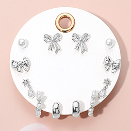 6Pairs - Elegant Bow Pearl Hoop Earring Set