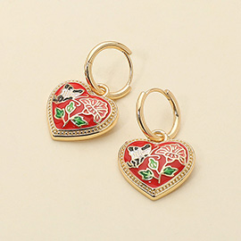 Butterfly Flower Enamel Detailed Heart Dangle Earrings