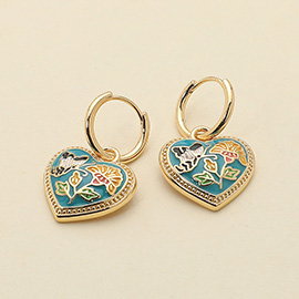 Butterfly Flower Enamel Detailed Heart Dangle Earrings